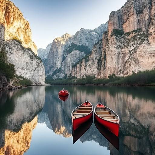 Canoës naviguant sur les eaux calmes du Verdon, reflétant les falaises environnantes.