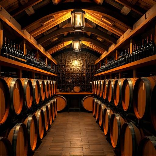 Cave √† vin en Bourgogne, avec des f√ªts de ch√™ne et une ambiance chaleureuse.