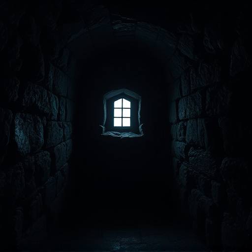 Celda medieval oscura y fría, con paredes de piedra y una pequeña ventana.