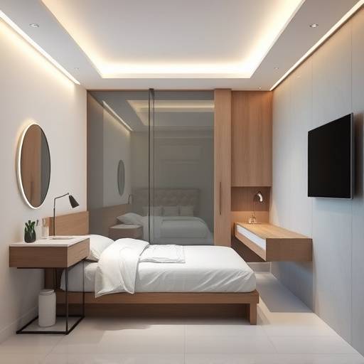Celda moderna con cama, escritorio y retrete, mostrando un diseño funcional.