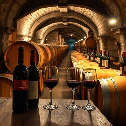 Dégustation de vin dans une cave alsacienne traditionnelle, avec ses fûts de chêne et ses bouteilles.
