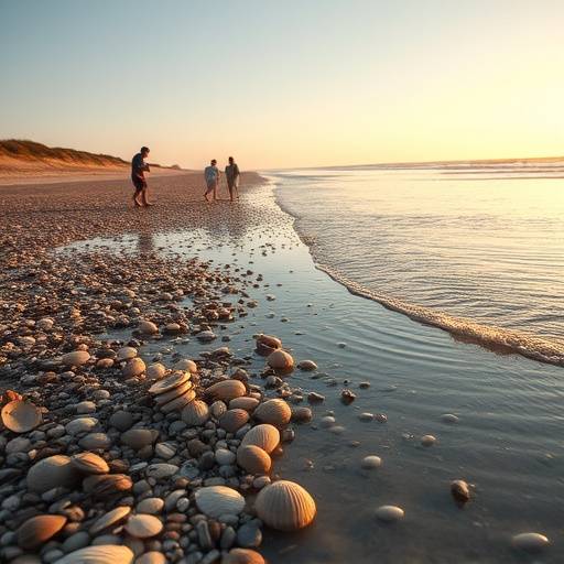 Des pêcheurs à pied ramassant des coquillages sur l'estran à marée basse, une activité traditionnelle de la région.