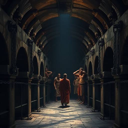 Ilustración de una antigua prisión romana con prisioneros encadenados en una oscura celda subterránea.