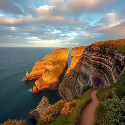 Image d'une vue panoramique sur les falaises d'Étretat depuis le sentier de randonnée.