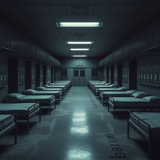 Imagen de un dormitorio carcelario, con mültiples camas y lockers en un espacio amplio.