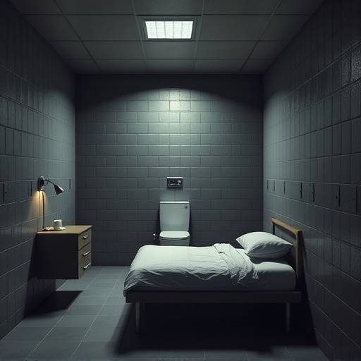 Interior de una celda de prisión moderna con una cama, un escritorio y un retrete.