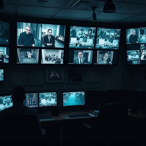 Sala de control de seguridad con mültiples monitores mostrando la vigilancia de diferentes áreas de la prisión.
