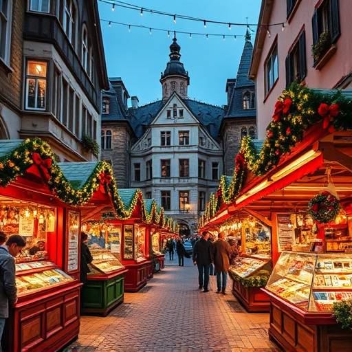 Un marché de Noël en Alsace, avec ses stands colorés et ses décorations festives.