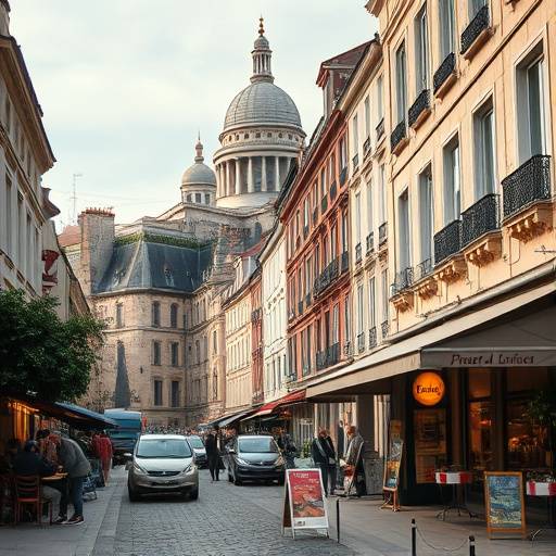 Une rue typique de Montmartre, avec ses artistes, ses bistrots et la basilique du Sacr√©-C≈ìur en arri√®re-plan.