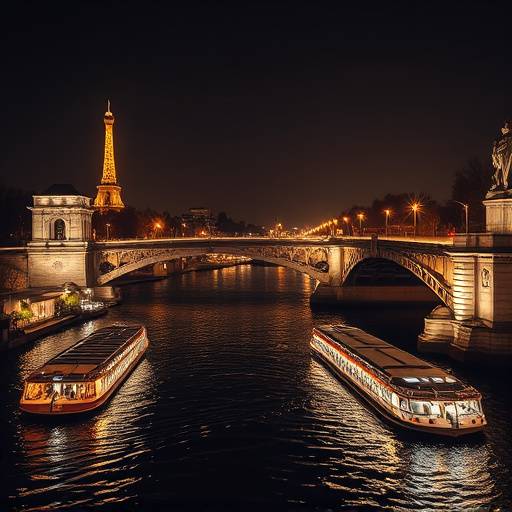 Une vue de la Seine avec les bateaux mouches et les ponts illumin√©s la nuit.