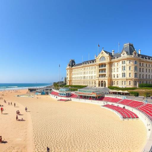 Vue panoramique de la Grande Plage de Biarritz avec l'Hôtel du Palais en arrière-plan.