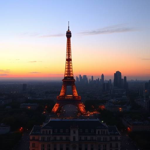 Vue panoramique de Paris avec la Tour Eiffel illumin√©e au coucher du soleil.
