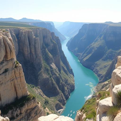 Vue panoramique des Gorges du Verdon, montrant ses falaises abruptes et ses eaux turquoise scintillantes.